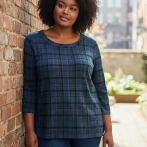 Talbots Plaid Boat Neck Tunic Womens Size 3X Green Purple Tartain Preppy Top